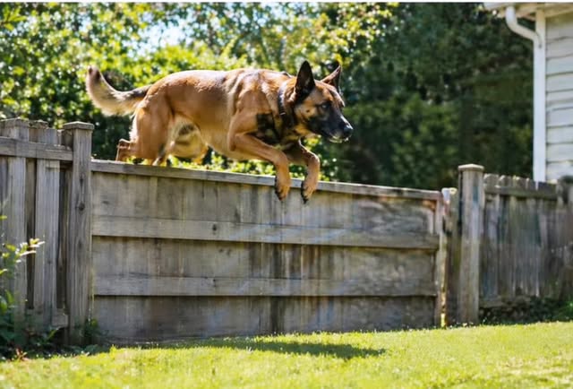 Dog clearing a fence during an agility and confidence exercise